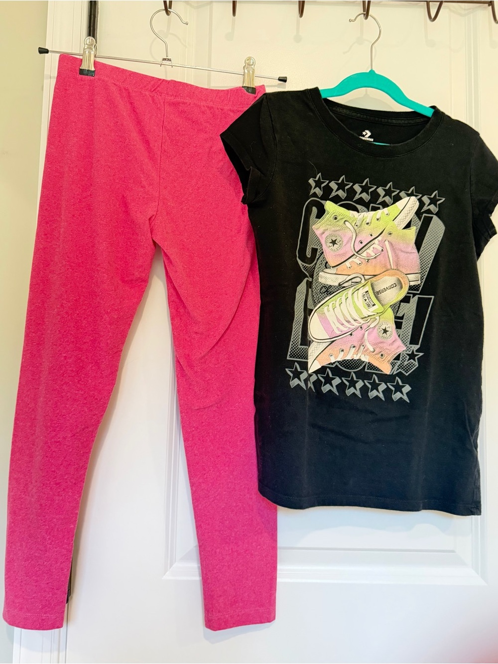 Converse Black Tee with Pink Sneakers Graphic & Bright Pink Leggings 10/12